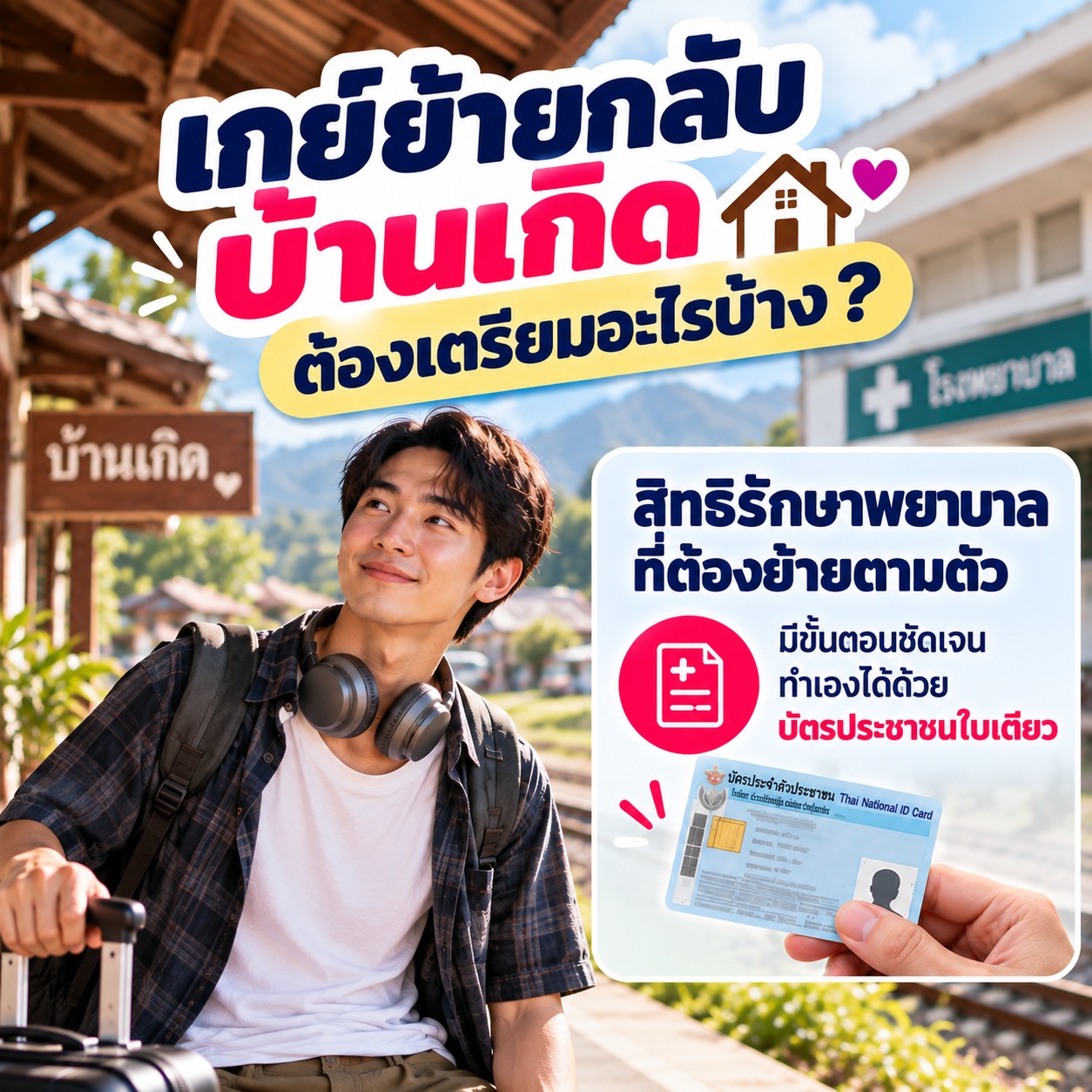ภาพชายหนุ่มย้ายกลับบ้านเกิด พร้อมข้อมูลเรื่องการย้ายสิทธิรักษาพยาบาล ซึ่งสามารถดำเนินการได้ด้วยบัตรประชาชน