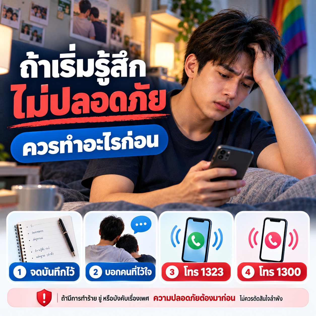 ภาพชายหนุ่มนั่งกังวลอยู่ในห้องขณะมองโทรศัพท์ พร้อมข้อความแนะนำขั้นตอนเบื้องต้นเมื่อเริ่มรู้สึกไม่ปลอดภัย เช่น จดบันทึกเหตุการณ์ บอกคนที่ไว้ใจ โทร 1323 และโทร 1300 เมื่อจำเป็น