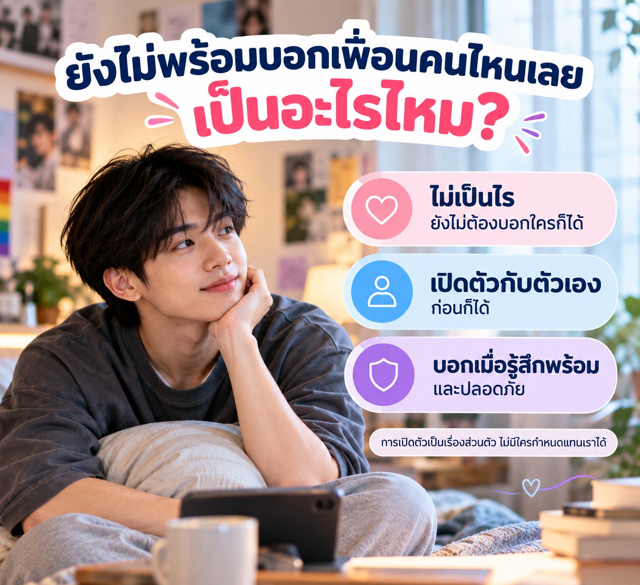 ภาพให้กำลังใจว่าหากยังไม่พร้อมเปิดตัวกับเพื่อนก็ไม่เป็นไร สามารถเริ่มจากการยอมรับตัวเองและเลือกบอกเมื่อรู้สึกพร้อมและปลอดภัย