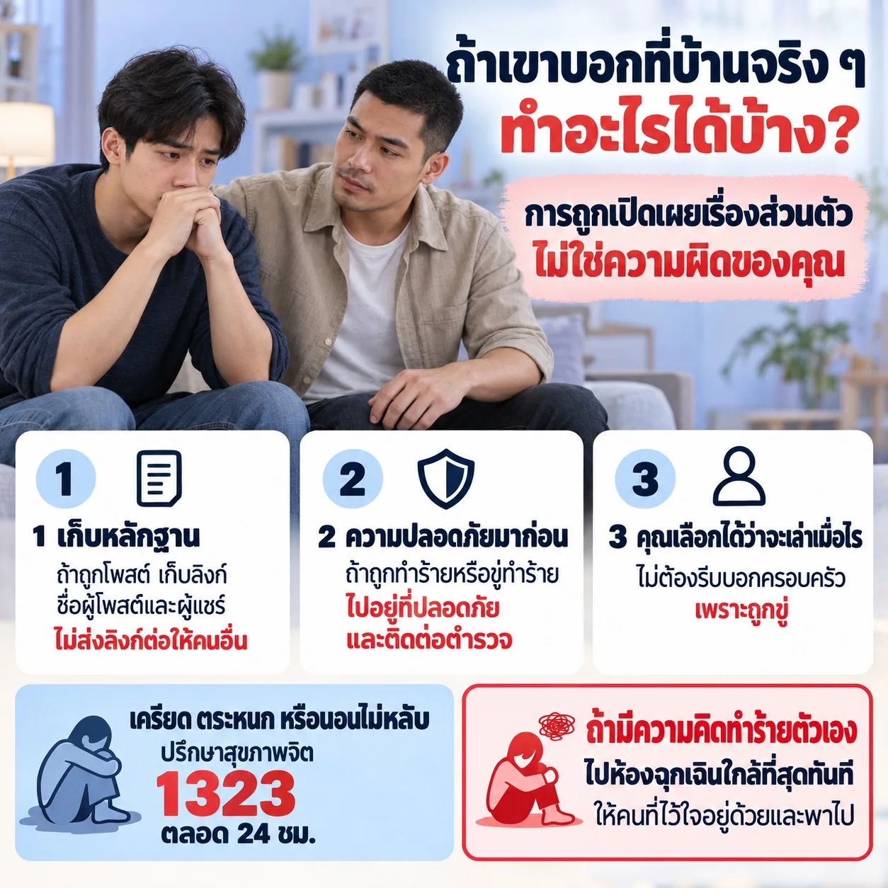 ภาพชายได้รับกำลังใจจากเพื่อน พร้อมข้อความว่าไม่ใช่ความผิดของผู้ถูกเปิดเผย แนะนำให้เก็บหลักฐาน อยู่ในที่ปลอดภัย และเลือกได้เองว่าจะเล่าให้ครอบครัวฟังเมื่อไร