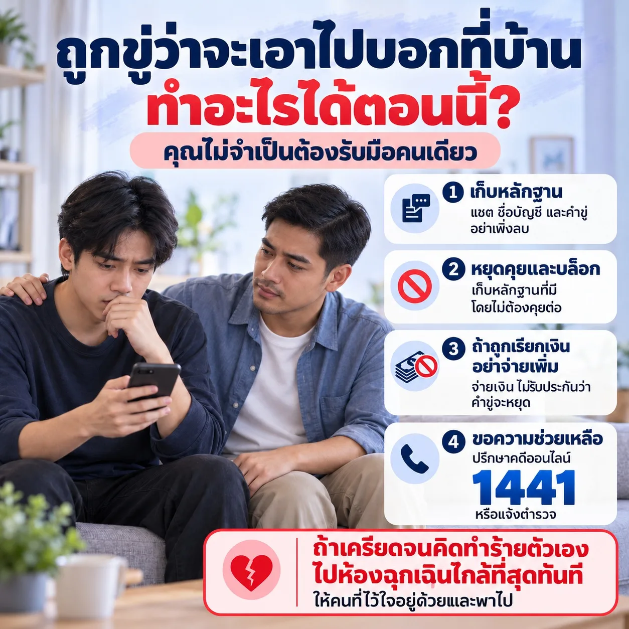 ภาพชายกังวลขณะดูโทรศัพท์ มีเพื่อนอยู่ข้าง ๆ พร้อมคำแนะนำให้เก็บหลักฐาน หยุดคุย บล็อกผู้ขู่ และขอความช่วยเหลือ หากคิดทำร้ายตัวเองให้ไปห้องฉุกเฉินทันที